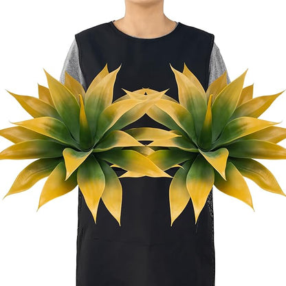 Yellow-green faux agave plant with spiky layered leaves on faux trunk stem