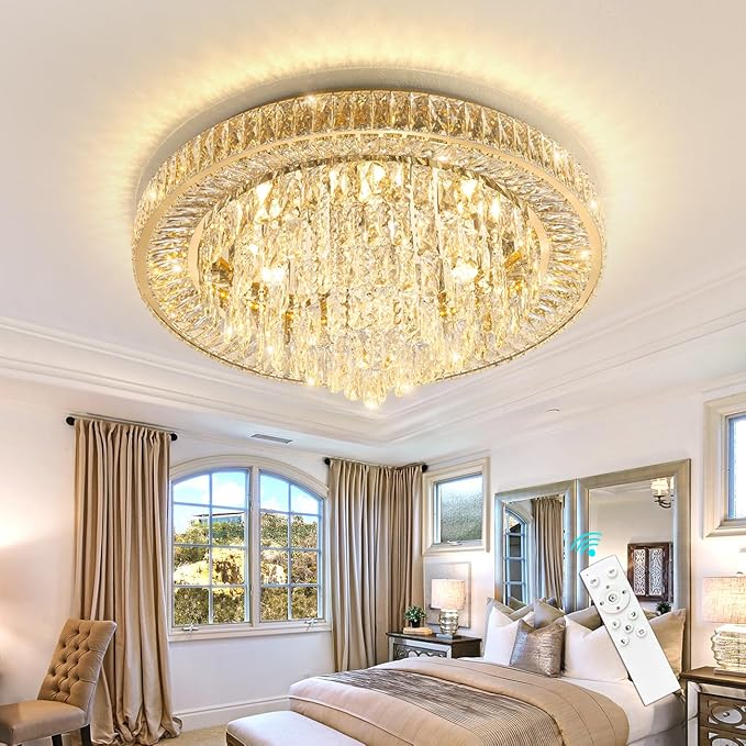 Gold flush-mount crystal chandelier ceiling light with dense dangling crystal fringe