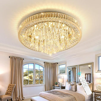 Gold flush-mount crystal chandelier ceiling light with dense dangling crystal fringe
