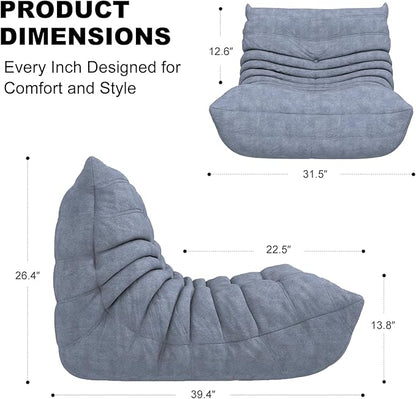 Slate Blue Microfiber Ripple Single Floor Lounge Chair - Togo-Style Sophisticated Solo Foam Seat for Design-Led Interiors, Nursery, and Elevated Reading Corners
