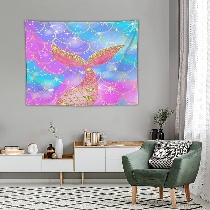 Mermaid Scales Wall Tapestry – 40" x 30" Colourful Shiny Mermaid Tail Pattern | Compact Entry Size | Wall Hanging | Bedroom Dorm Kids Room