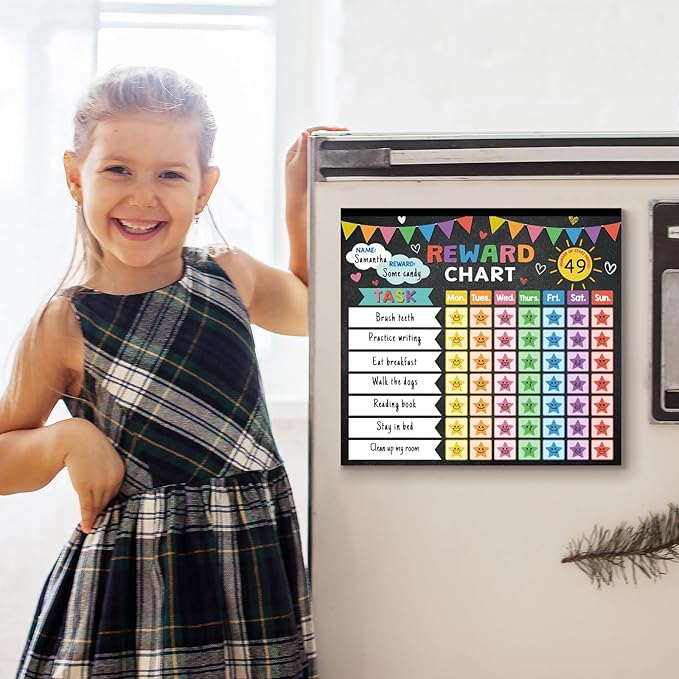 Child standing beside magnetic reward chart sheet with colorful weekly task grid
