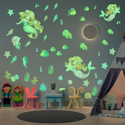 Glow in the Dark Mermaid Wall Decals – 68 Pcs Ocean Stickers | Mermaid Turtle Seahorse Jellyfish Starfish | Peel & Stick Ceiling Wall | Nursery Playroom Bedroom Gift