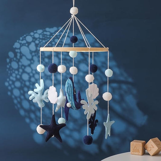 Baby crib ocean animal ceiling mobile with blue whale, starfish, shells, and coral shapes