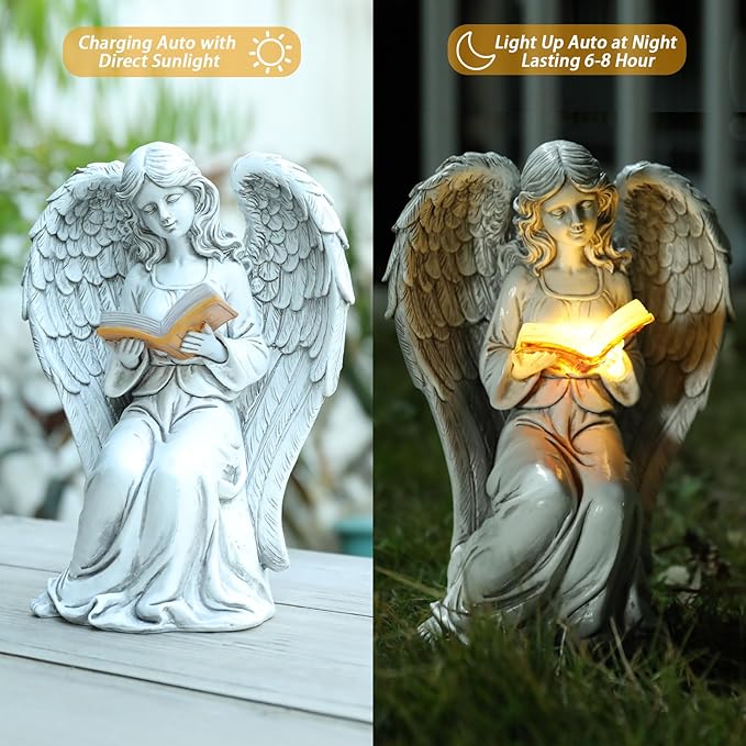Solar Angel Garden Statue Reading Book with LED Glow - Elegant Resin Outdoor Decor