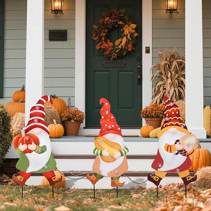 WONDER GARDEN 3 PCS Fall Yard Sign Metal Gnomes Decorative Garden Stakes with Led Lights Autumn Harvest Pumpkin Thanksgiving Garden Lawn Porch Patio Decorations Outdoor