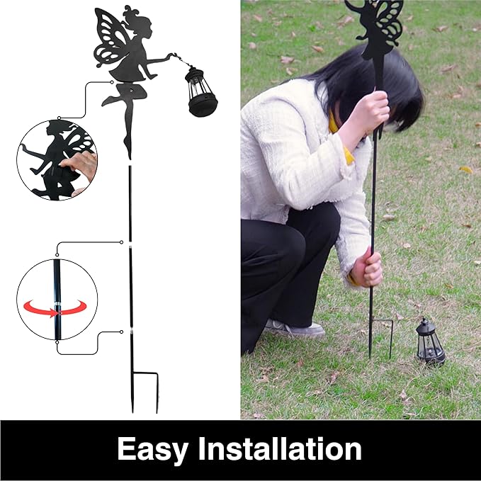 Black fairy solar stake light set: two tall stakes with lantern bulbs