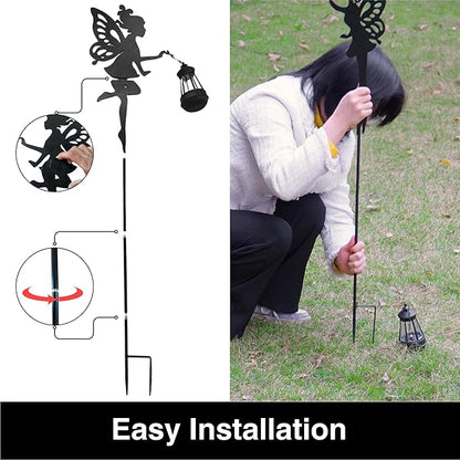 Black fairy solar stake light set: two tall stakes with lantern bulbs