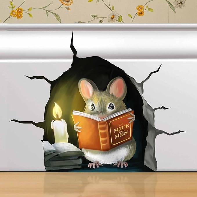 Mouse hole wall decal sticker showing a mouse reading an orange book with candlelight