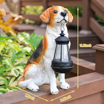 Solar Beagle Dog Garden Statue with Lantern - 11.8-Inch Resin Outdoor Decor