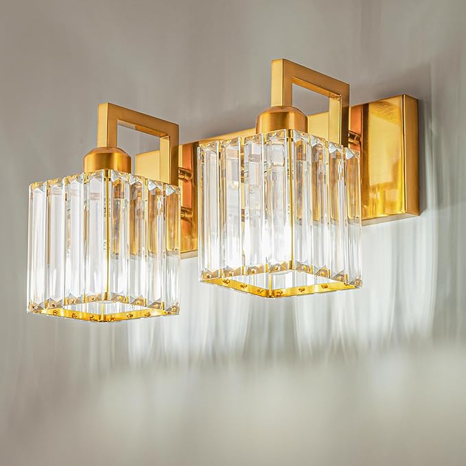 Gold 2-light bathroom vanity light with clear crystal shades and wall sconces