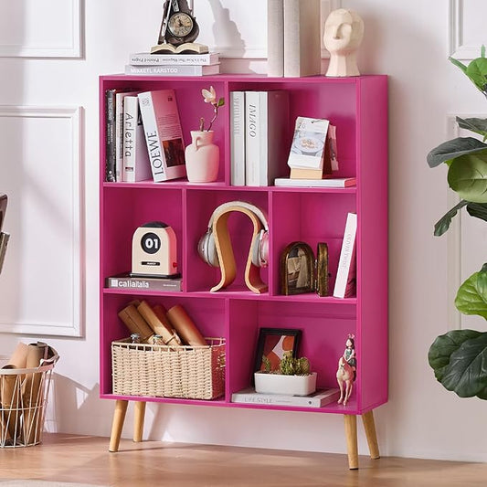 Pink 7-Cube Criss-Cross Bookshelf with Legs - Narrow 3-Tier Laminated Open Bookcase for Nursery and Small Spaces