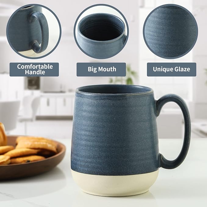 Dark Blue Porcelain Coffee Mugs – Set of 6 | 15oz Vintage Two-Tone Glaze | Freezer, Dishwasher & Microwave Safe | Coffee Gift Set