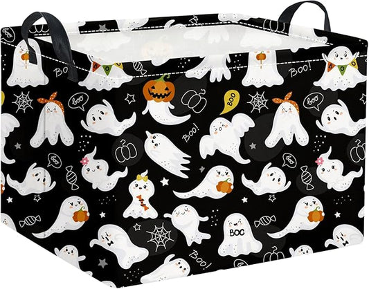 Black Halloween storage basket with white ghost print and carry handles