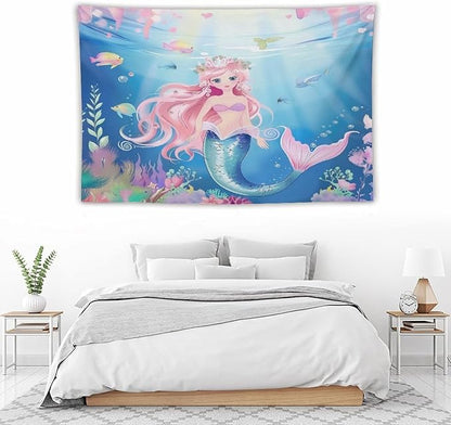Mermaid Princess Wall Tapestry – 90" x 60" XL Watercolour | Largest Girls Bedroom Decor | Wall Hanging | Dorm Living Room Kids Room