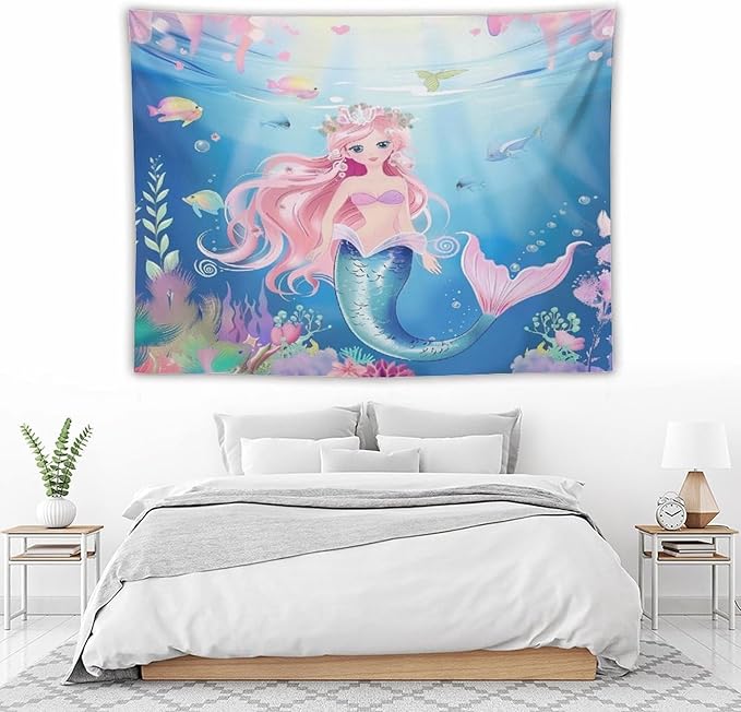 Mermaid Princess Wall Tapestry – 80" x 60" Large Watercolour | Wide Feature Wall Statement | Girls Bedroom Living Room Dorm | Wall Hanging