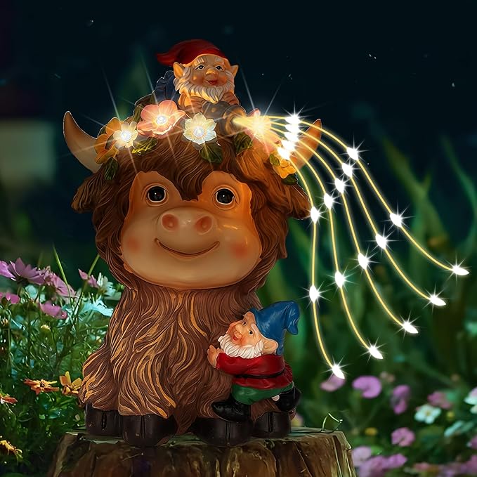 Close-up solar highland cow statue with gnome hat, tiny dwarf, and glowing string lights