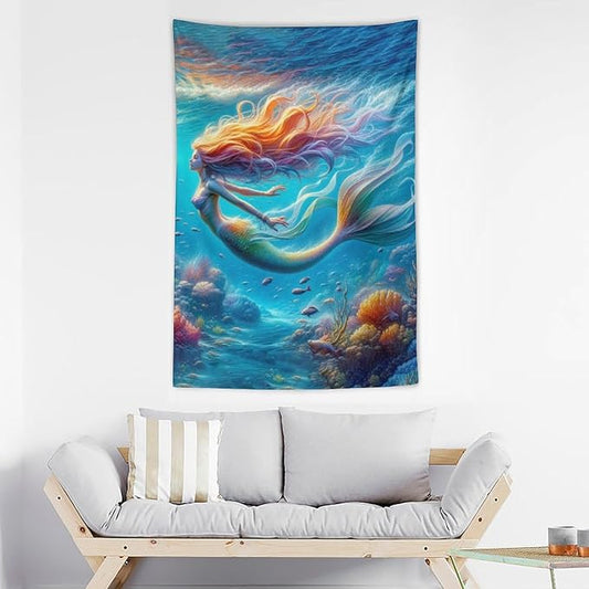 Ocean Mermaid Tapestry – 40" x 60" Portrait Coastal Wall Hanging | Indoor Outdoor | Bedspread Tablecloth Curtain Picnic Blanket | Girls Bedroom Dorm Home Decor