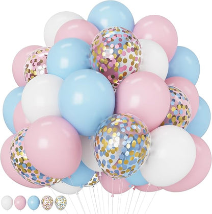 Pink & Blue Confetti Balloon Set – 35pcs 12" | Pastel Pink Blue White & Gold Confetti | Gender Reveal Baby Shower Birthday Bachelorette