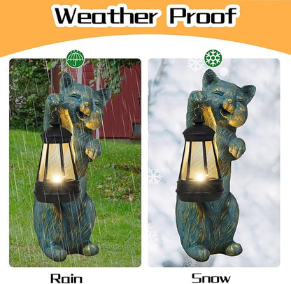 Solar Cat Garden Statue Holding Lantern - Antique Style Resin Outdoor and Patio Decor