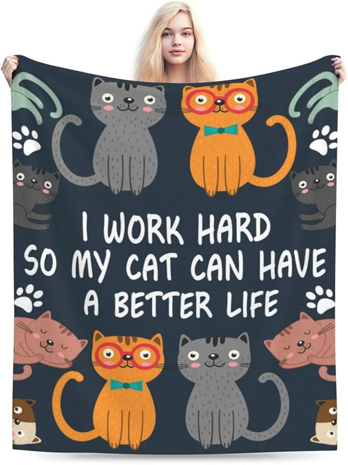 Dark cat throw blanket displayed with cartoon cats and 'I WORK HARD' quote text