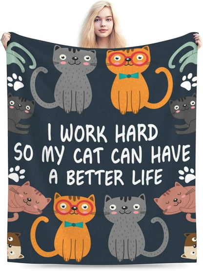 Dark cat throw blanket displayed with cartoon cats and 'I WORK HARD' quote text