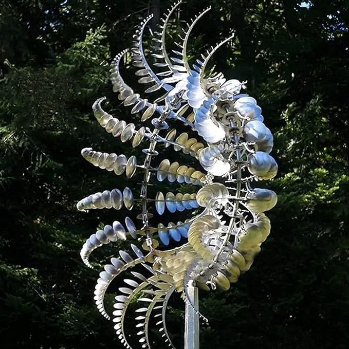3D Kinetic Metal Wind Spinners – 2-Pack Tall Silver Dual-Tier Garden Sculpture | 12.2"x38" Counter-Rotating | Yard & Patio Decor
