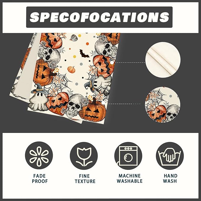 Halloween table runner product graphic with skeleton and pumpkin print and corner detail