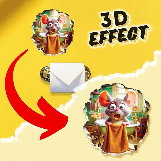 Mouse holding a bowl wall sticker in bathroom scene with 3D effect graphic