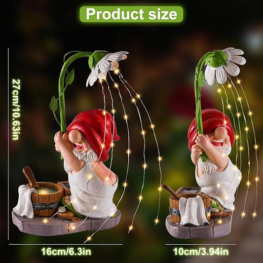 Solar garden gnome statue with red hat, white shirt, warm string lights and watering barrels