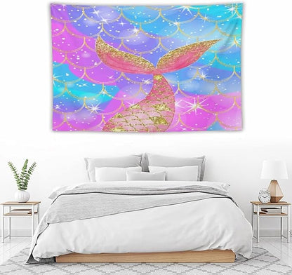 Mermaid Scales Wall Tapestry – 90" x 60" XL Colourful Shiny Mermaid Tail Pattern | Widest Statement Size | Bedroom Living Room Dorm Feature Wall
