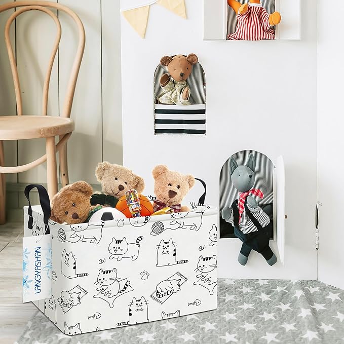 Cat-pattern rectangular canvas storage bin with handles holding stuffed toys