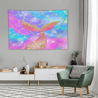 Mermaid Scales Wall Tapestry – 90" x 60" XL Colourful Shiny Mermaid Tail Pattern | Widest Statement Size | Bedroom Living Room Dorm Feature Wall