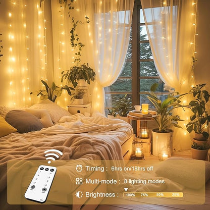 Warm White Curtain Lights – 300 LED 9.8x9.8ft | Remote Control Dimmable | UL Listed IP44 | Bedroom Backdrop Wedding Christmas Patio Dorm Indoor Outdoor