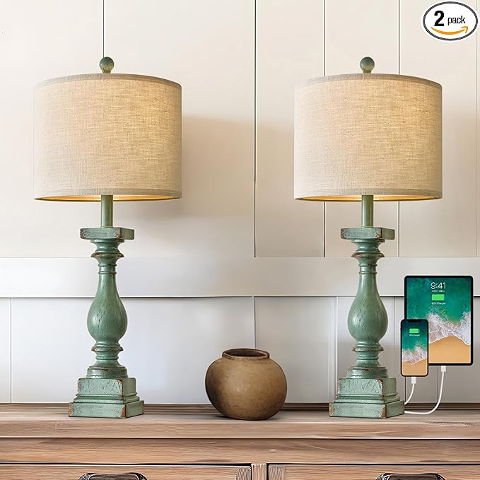 Pair of green farmhouse resin table lamps with beige fabric shades