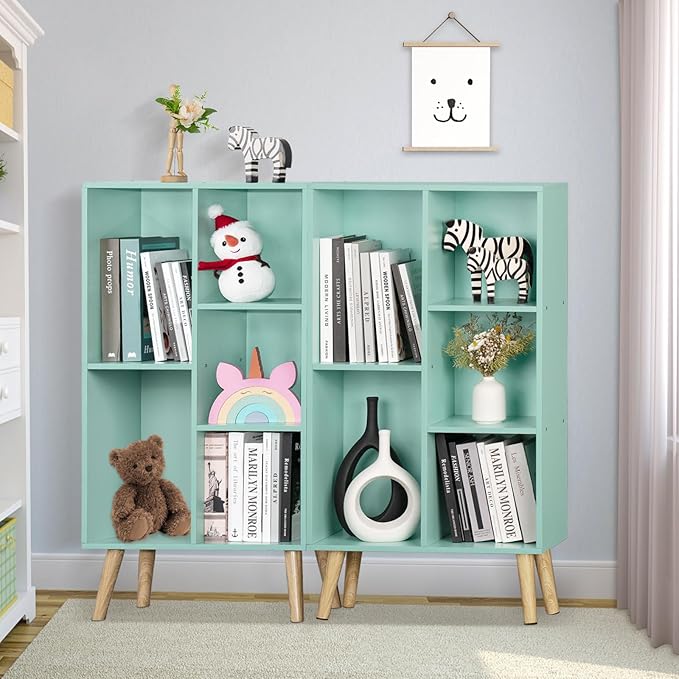 Mint Green 5-Cube Asymmetric Bookshelf with Wood Legs - Mid-Century Kids Bookcase for Nursery, Playroom, and Every Child's Room That Deserves a Bookshelf This Beautiful