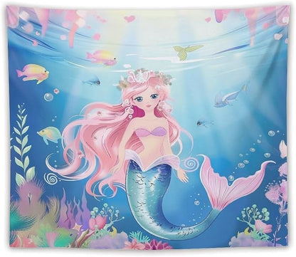 Mermaid Princess Wall Tapestry – 60" x 50" Watercolour | Mid-Size Girls Bedroom Decor | Wall Hanging | Dorm Living Room Kids Room