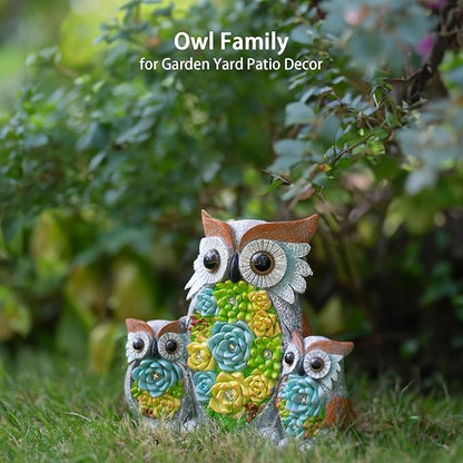Solar Owl Garden Statue with Succulent LED Lights - IP65 Resin Outdoor Decor