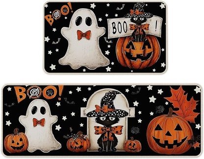 Halloween kitchen mat set: black rugs with ghost, pumpkin, cat, bats and BOO pattern