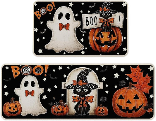 Halloween kitchen mat set: black rugs with ghost, pumpkin, cat, bats and BOO pattern