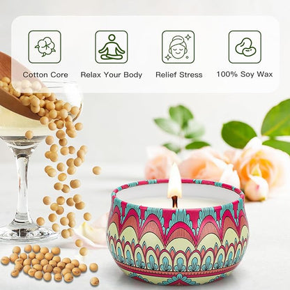 Scented soy wax candle in a colorful patterned ceramic jar holder with a lit wick