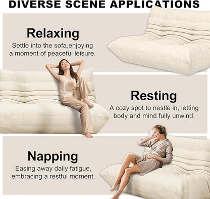 Cream Ripple Loveseat Floor Sofa - Togo-Style Foam Lounge Sofa with Wave Profile for Living Room, Reading Corner, and Japandi Interiors