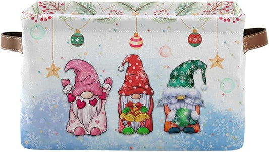Collapsible Christmas gnome storage bin with side handle, white and blue festive pattern