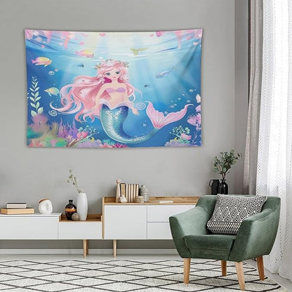 Mermaid Princess Wall Tapestry – 60" x 40" Watercolour Girls Bedroom Decor | Wall Hanging | Dorm Living Room | Baby Shower Gift