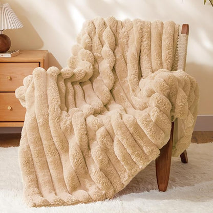 Brown Faux Rabbit Fur Throw Blanket – 50"x60" | 770GSM Double-Sided Luxury Fluffy Blanket | 3D Striped Plush Couch Throw