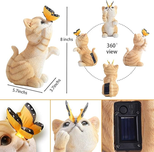Solar Cat Garden Statue with Butterfly LED Light - 7.8-Inch Resin Outdoor Decor