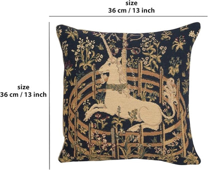 13x13 navy tapestry pillow cover with tan unicorn scene and gold floral details