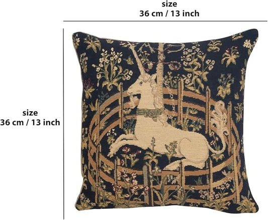 13x13 navy tapestry pillow cover with tan unicorn scene and gold floral details