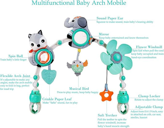 Baby arch mobile with owl and fox toys, teal flower, rotating rings, musical accents