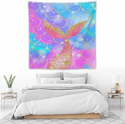 Mermaid Scales Wall Tapestry – 60" x 60" Colourful Shiny Mermaid Tail Pattern | Square Wall Hanging | Bedroom Living Room Dorm